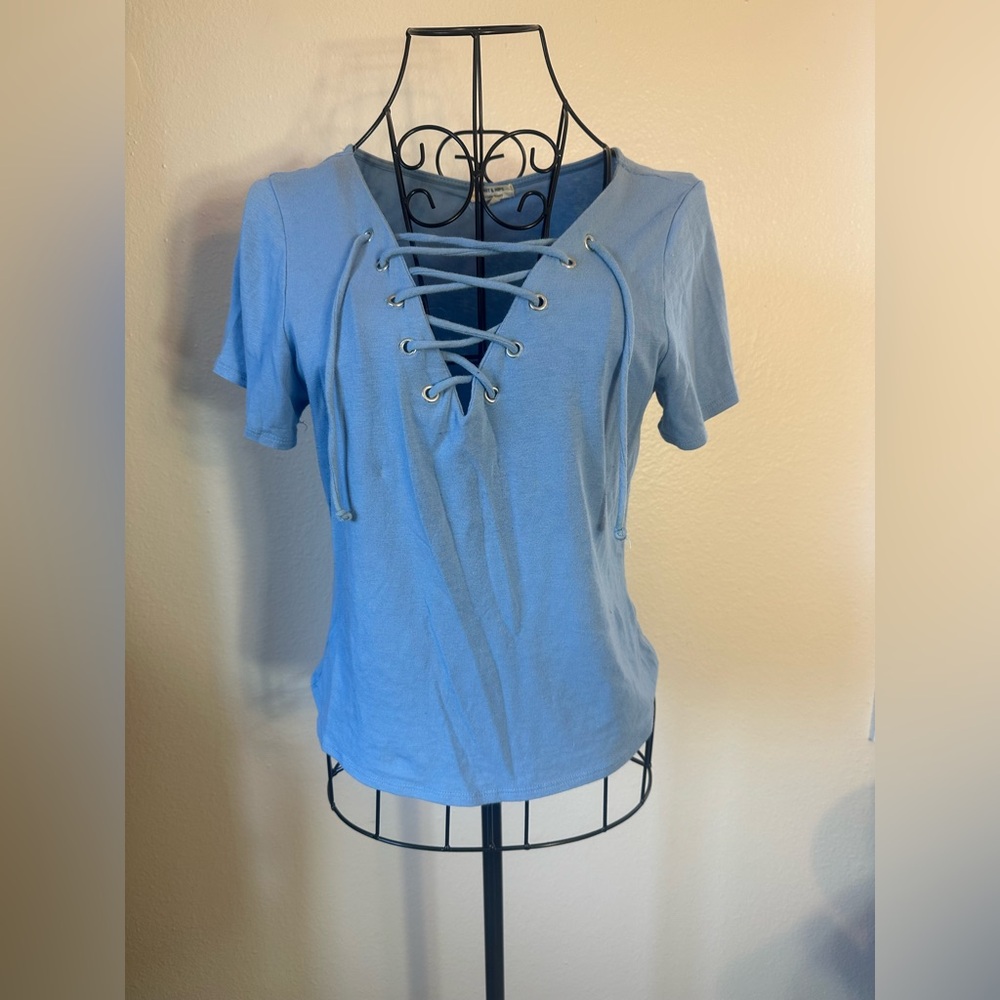 Heart & Hips Blue V Neck Lace Up Crop Top